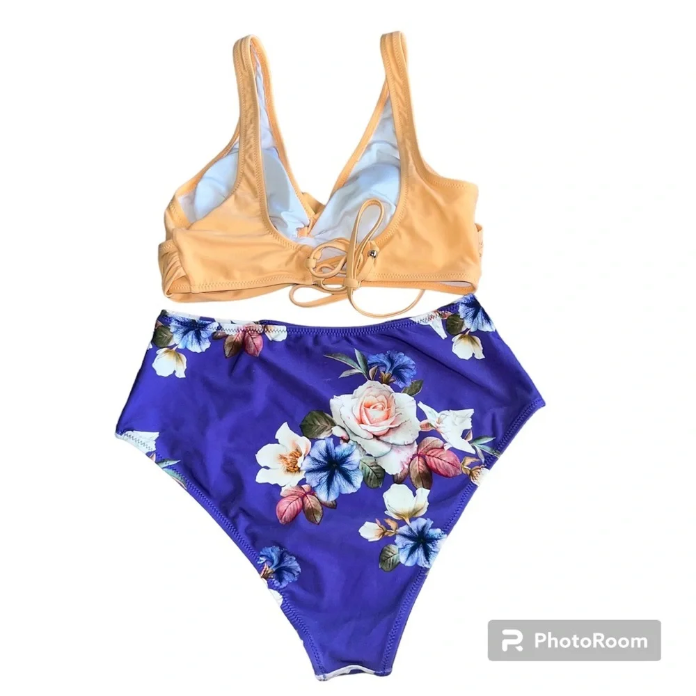 Cupshe orange top tie back & blue floral high waist bottoms size small